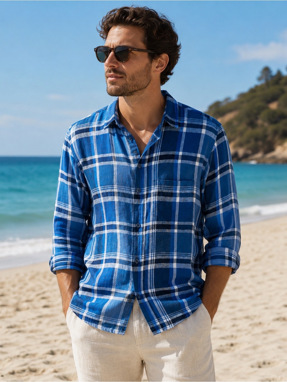 Men's Sporting Life Blue Plaid 100% Linen Button-Up Shirt